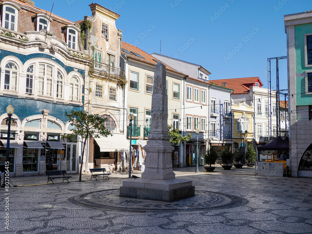 liberty monument column in Old town Main place of Aveiro pictoresque village street view, The Venice Of Portugal