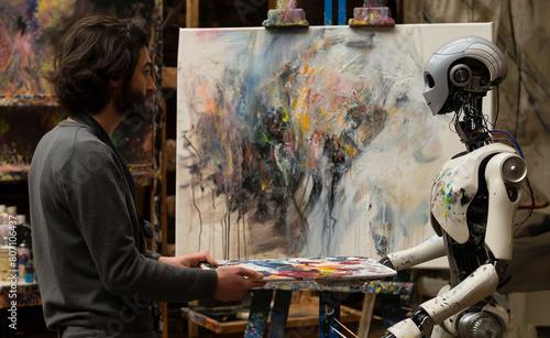 Human and a robot side by side at an art studio, working together on a large canvas photo