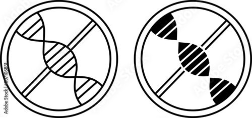 Non- Icons. Black and White Vector Icons. Only Eco Natural Organic Product. Not a Genetically Modified Product. Natural Healthy Food and Organic Cosmetics. Tag, Emblem, Sticker, Label, Packaging Stamp