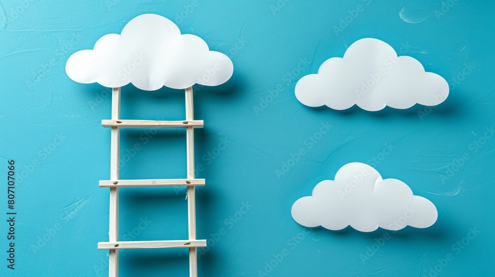 A blue backdrop holds two ladders ascending to identical cloud shapes A blue backdrop holds two ladders ascending to identical cloud shapes