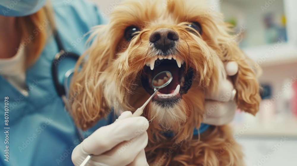 A veterinarian examining a dog's teeth with a dental mirror, ensuring optimal oral health and hygiene for furry companions. A veterinarian examining a dog's teeth with a dental mirror, ensuring optimal oral health and hygiene for furry companions.