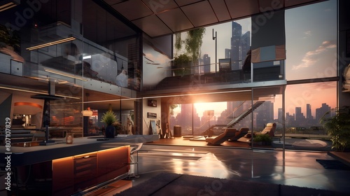 Modern office interior with panoramic view of the city at sunset