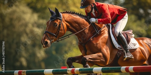 A skilled equestrian and a brown horse clearing a jump at a show jumping competition event, displaying precision and teamwork © gunzexx png and bg