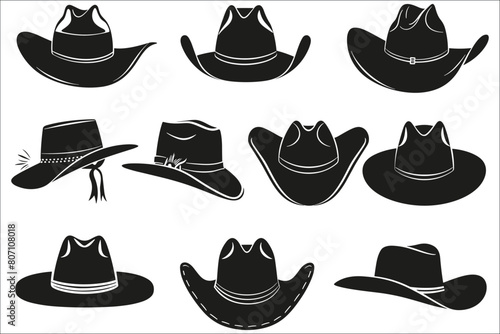 Set of cowboy hat silhouettes, Set of cowboy hat icons, Cowboy hat silhouette, Silhouettes of hat, Black hat silhouettes, Vector