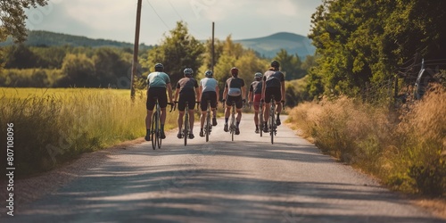 A line of cyclists pedals through a scenic country road surrounded by lush greenery on a bright sunny day