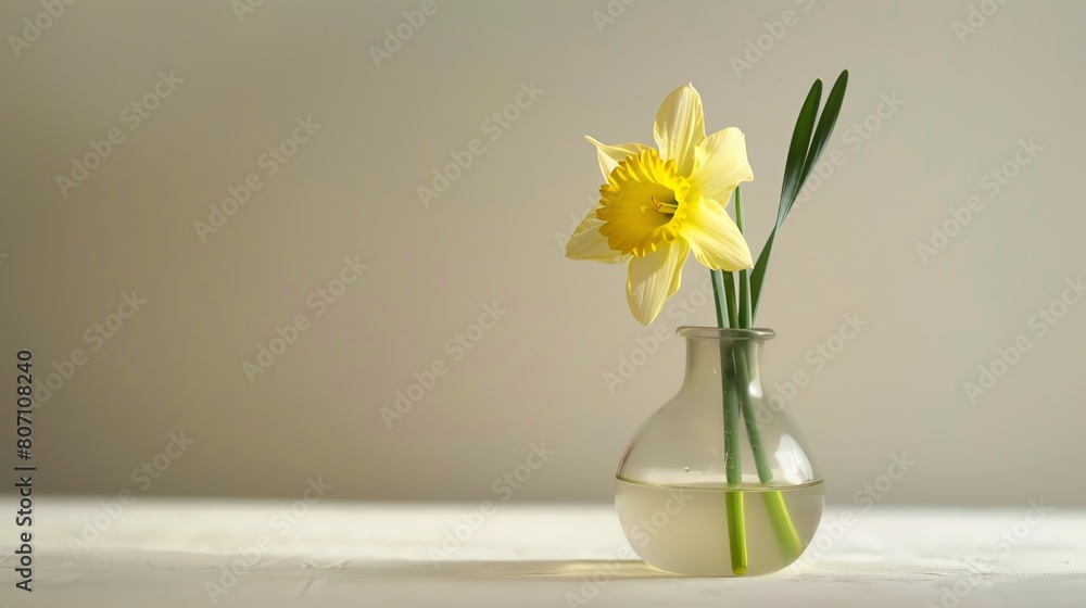 A beautiful daffodil in a glass vase. The daffodil is in full bloom with its bright yellow petals and green stem. A beautiful daffodil in a glass vase. The daffodil is in full bloom with its bright yellow petals and green stem.