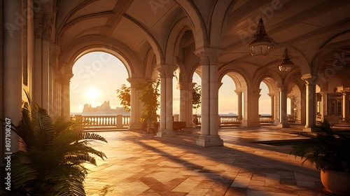 Sunset in the arches of a mosque, 3d rendering