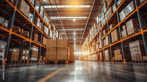 Close up photo of large logistic business transport warehouse indoors with boxes and palletes ready for transportation low angle photo