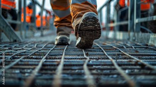  worker walking on metal platform at construction site photorealistic  photo
