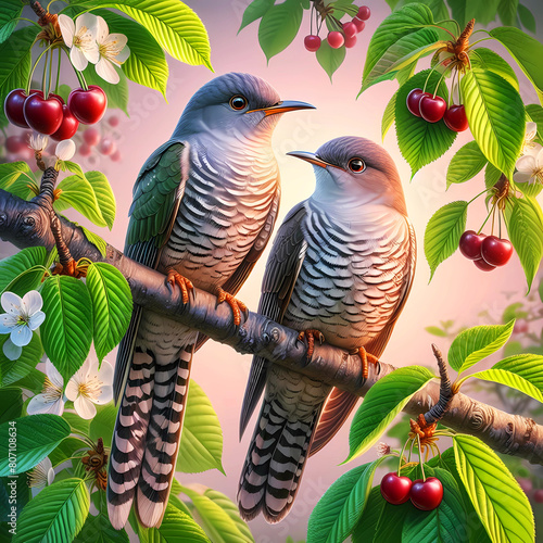 Two common Cuckoos on a cherry tree, cuculus canorus photo