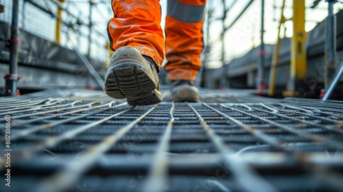  worker walking on metal platform at construction site photorealistic 