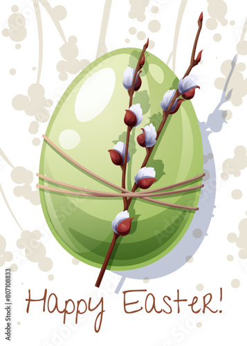 Easter card with an egg and a pussy willow. Banner, poster for the spring holiday. Happy Easter