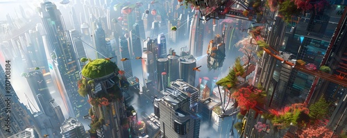 Create a striking image of a futuristic cityscape with surreal elements like floating gardens and holographic birds Incorporate unexpected camera angles like a tilted view from abo photo