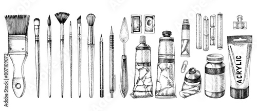 Hand drawn art supplies vector set