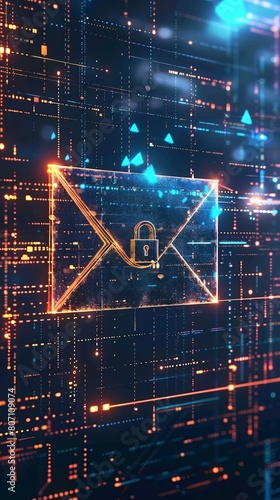 A 3D illustration of a steel lock superimposed over an envelope, symbolizing robust email encryption against a backdrop of digital code.