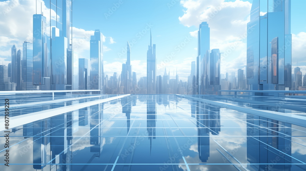 A fantastic glass city from the future. Tall buildings made of glass. Future city concept. Urban architecture, megalopolis infrastructure in light.