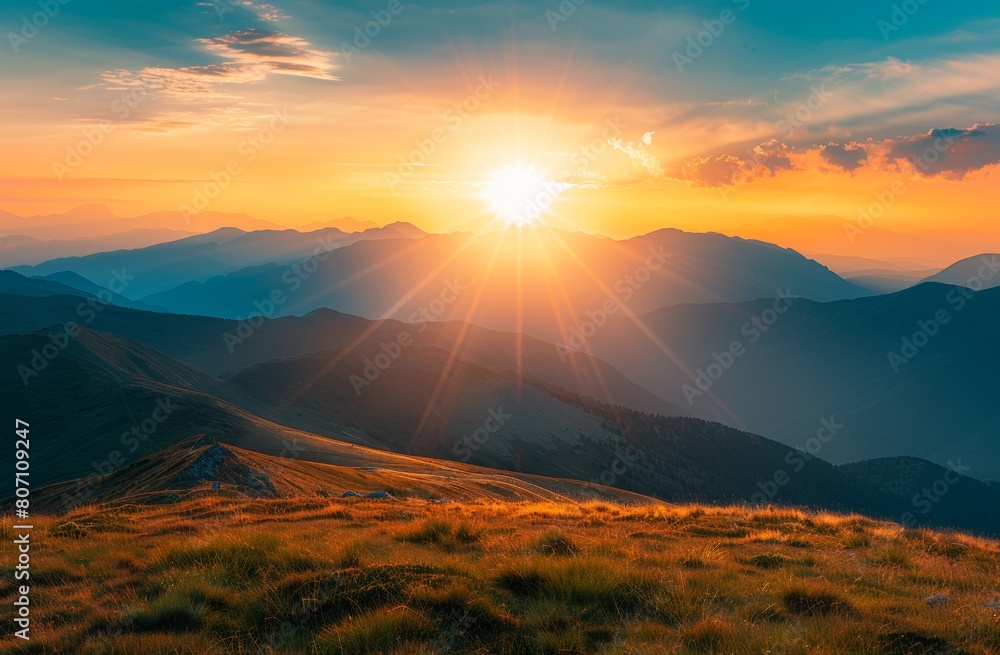 Obraz premium KSBeautiful misty valley at sunrise aerial view of mount