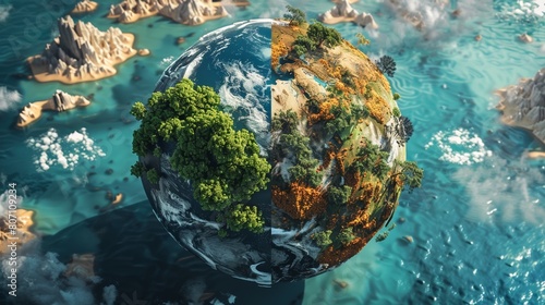 A 3D illustration showing Earth split in two halves: one depicting a thriving, green world powered by renewable energy, and the other a barren landscape affected by global warming.