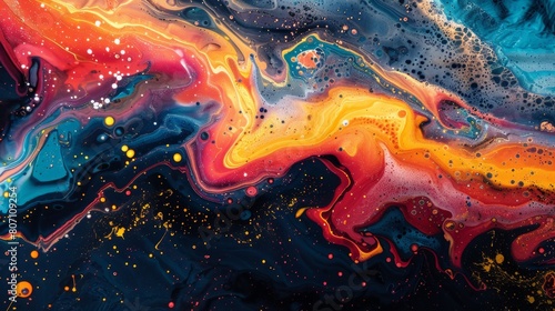 Intense swirls of orange, black, and blue dominate an abstract painting, their energetic splatters imbuing the artwork with a vivid sense of motion and emotion. photo