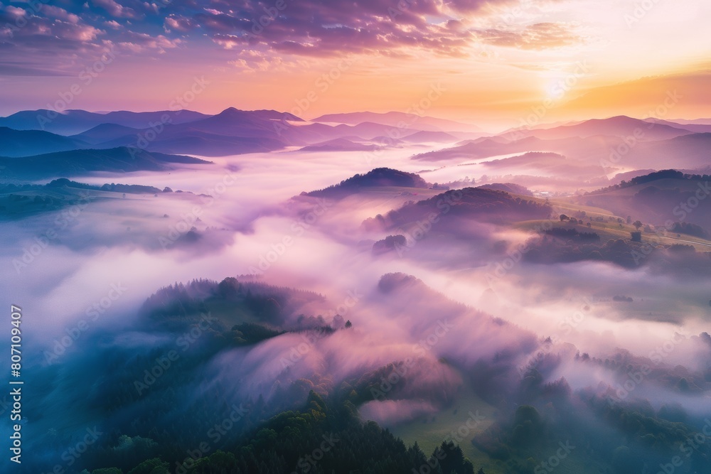 KSBeautiful misty valley at sunrise aerial view of mount KSBeautiful misty valley at sunrise aerial view of mount