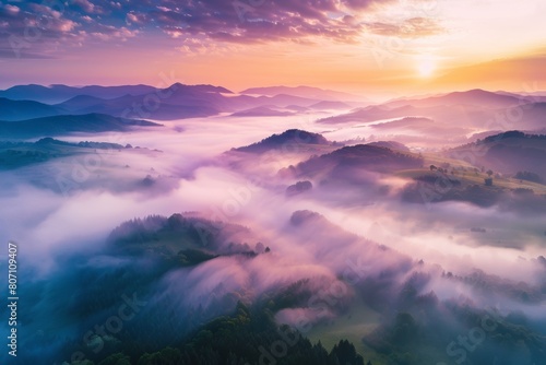 KSBeautiful misty valley at sunrise aerial view of mount