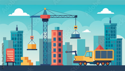 Cranes towering above the construction site lifting heavy materials and transporting them to different areas of the station.. Vector illustration