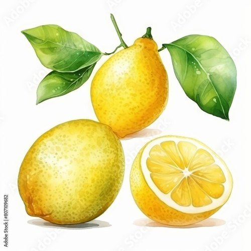 A watercolor painting of a lemon. The lemon is yellow and green leaves. The lemon is cut in half, revealing the juicy interior.