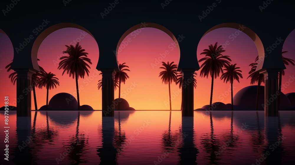 The concept of an Arabic mosque or palace is reflected in the water. Sunset at an Arab mosque. Arabian tale