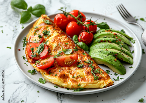Healty food omelette with tomatoes and avocado.