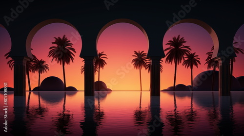 The concept of an Arabic mosque or palace is reflected in the water. Sunset at an Arab mosque. Arabian tale © decorator