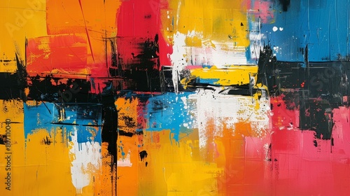 Capturing a dramatic visual impact, a vibrant abstract painting showcases bold brush strokes in pink, blue, orange, and black.