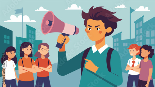 A teenager using a megaphone at a school rally inciting fear and panic a their classmates with false information about a potential school closure..