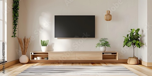 Wallpaper Mural TV wall mounted with decoration in living room and white cement wall. Torontodigital.ca