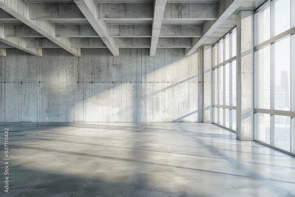 Bright empty concrete interior with mock up place on wall, panoramic windows and daylight 