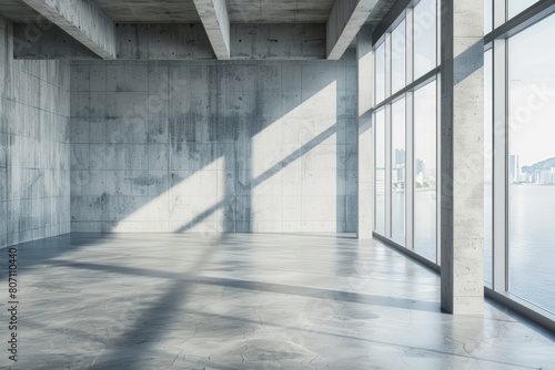  Bright empty concrete interior with mock up place on wall  panoramic windows and daylight 