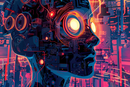 Cyberpunk style digital art with a robotic face illuminated by internal circuits