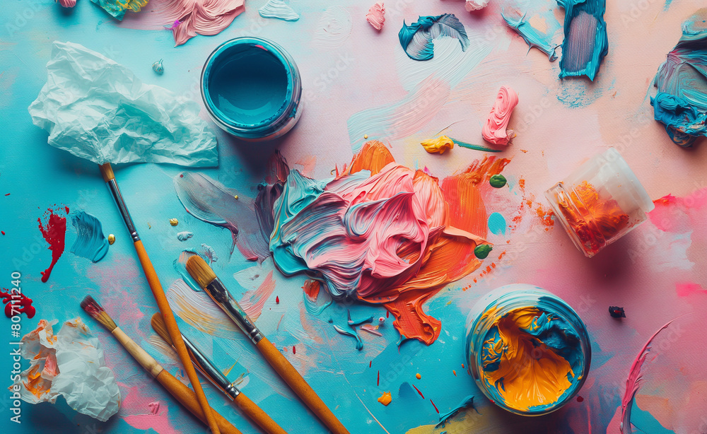 Painter's workspace featuring a colorful palette with various hues of paint, scattered brushes, a water jar, and crumpled paper towels.