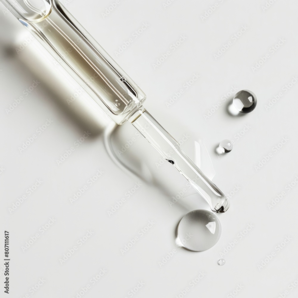 Transparent Serum Beauty Spill with Pipette, Close-Up View on White Background, Medical Aesthetic and Skincare Concept Transparent Serum Beauty Spill with Pipette, Close-Up View on White Background, Medical Aesthetic and Skincare Concept