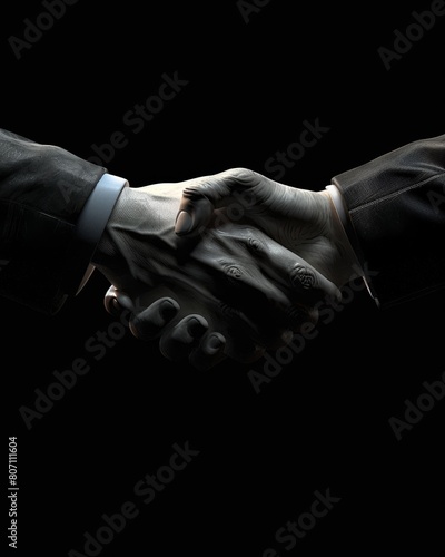 A dramatic 3D render of two business hands clasping in a firm handshake, set against a stark black background, symbolizing a sealed deal.
