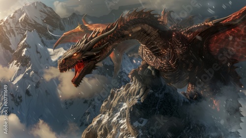 Majestic Dragon on Mountain Peak Digital Illustration.