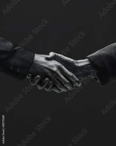 A dramatic 3D render of two business hands clasping in a firm handshake, set against a stark black background, symbolizing a sealed deal. © Xyeppup