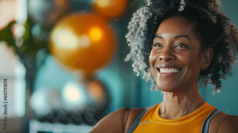 Professional Portrait of an active black African American mature woman smiling and doing fitness pilates at her home gym AI Professional Portrait of an active black African American mature woman smiling and doing fitness pilates at her home gym AI