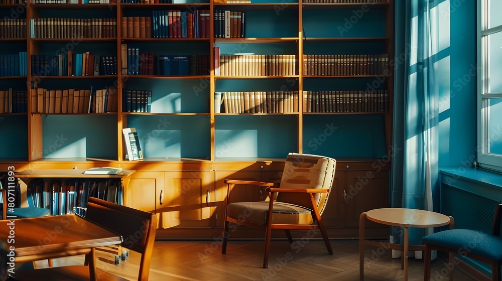 Serene Study Room with Empty Bookshelf Awaiting Literary Treasures Serene Study Room with Empty Bookshelf Awaiting Literary Treasures