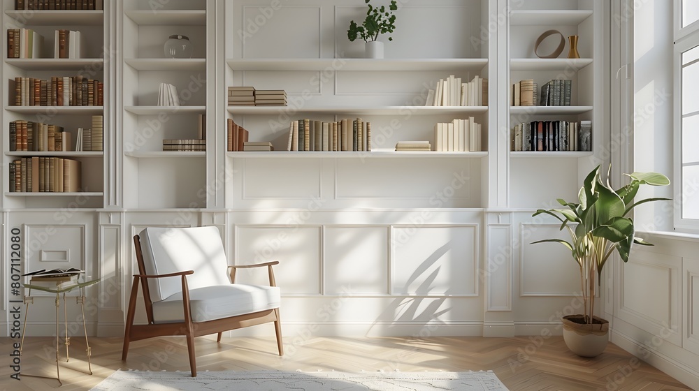 Cozy and Inviting Study Room with Pristine Bookshelf Awaiting Literary Treasures Cozy and Inviting Study Room with Pristine Bookshelf Awaiting Literary Treasures