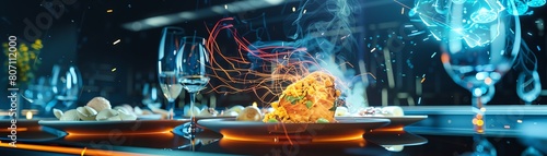 Merge the art of plating in culinary arts with advanced holographic projections and unexpected overhead camera angles photo