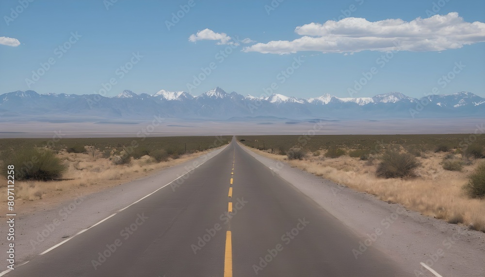 A rugged desert road leading to distant mountains