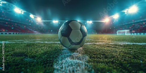 Classic white soccer ball on fooball pitch in stadium at night, sports background panorama