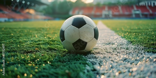 Classic white soccer ball on fooball pitch in stadium, sports background panorama