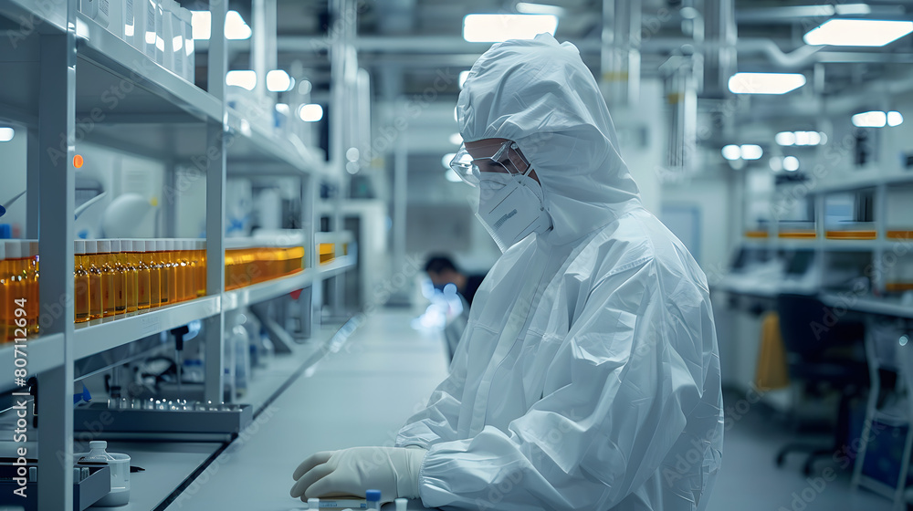 Obraz premium Lab technician in white protective overalls AI