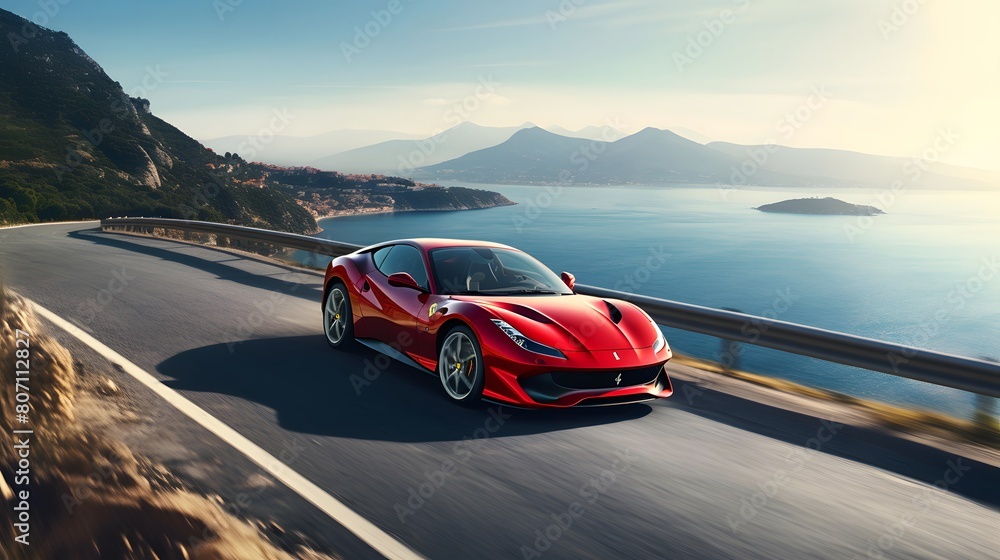 Red sports car on the road. Panoramic view from above.
